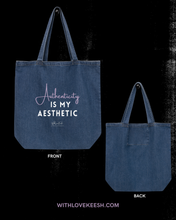 Load image into Gallery viewer, Blue tote bag with 'Authenticity is my Aesthetic' text on a black background