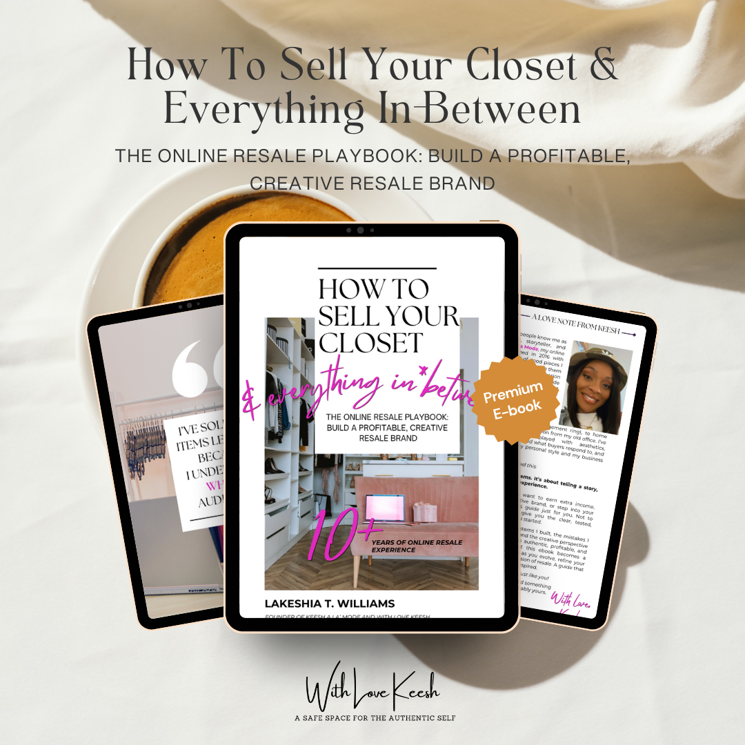 Ebook cover titled 'How To Sell Your Closet & Everything In Between' on a tablet with a blurred background.