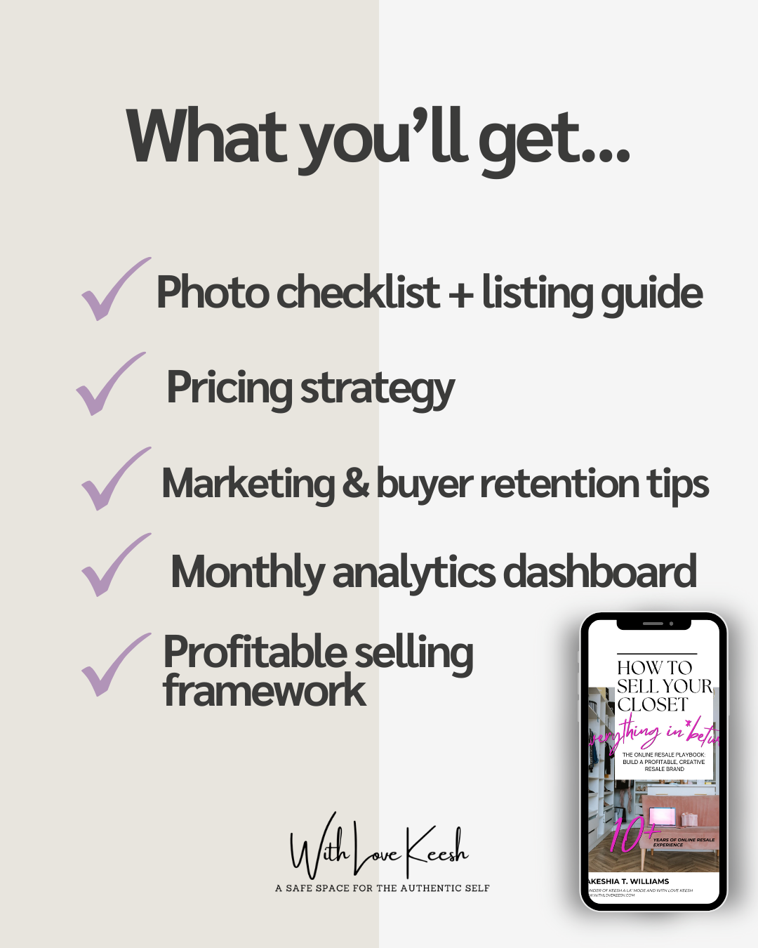 List of services offered with a phone displaying a book cover on a white background