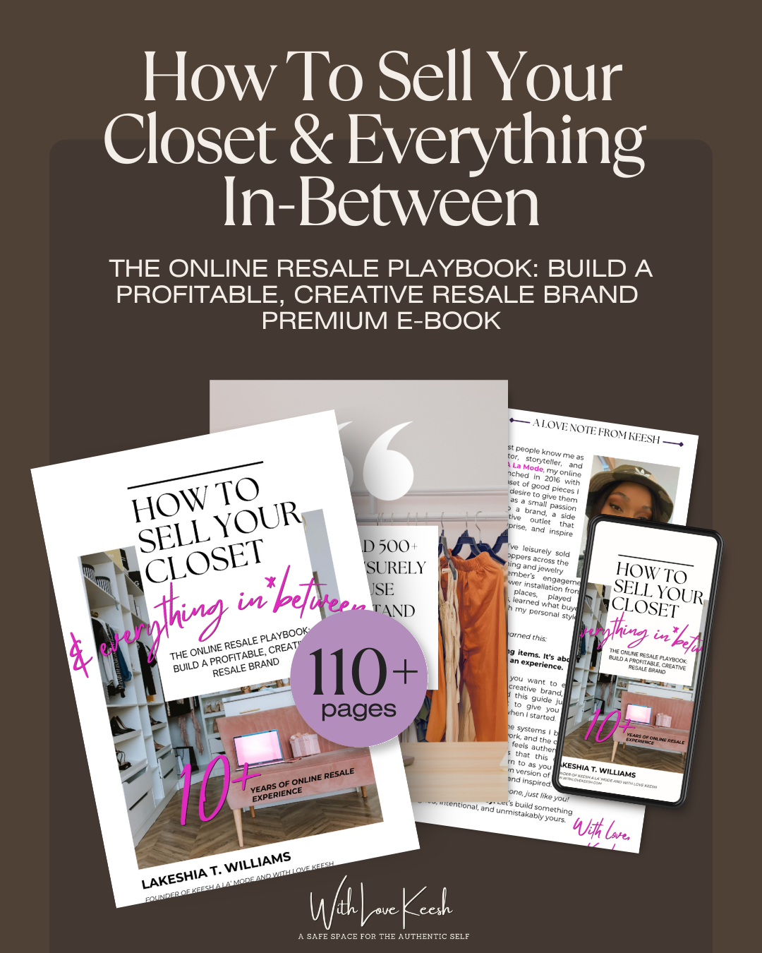 E-book cover titled 'How To Sell Your Closet & Everything In-Between' with images of the e-book and author on a brown background.