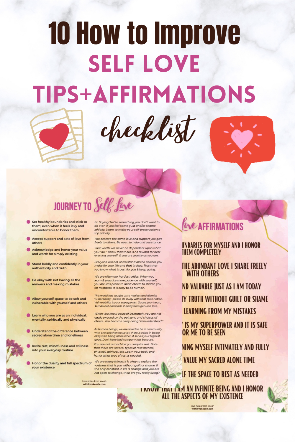 Self Love Journey- 10 How to Improve Self Love Tips & Affirmations Printable (Digital Download)